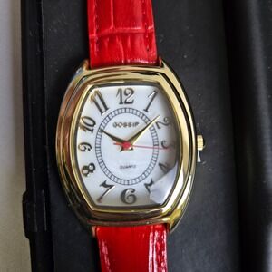 Gossip Ladies Quartz Gold Tone Watch, Red Genuine Leather Strap, GSP545C, New